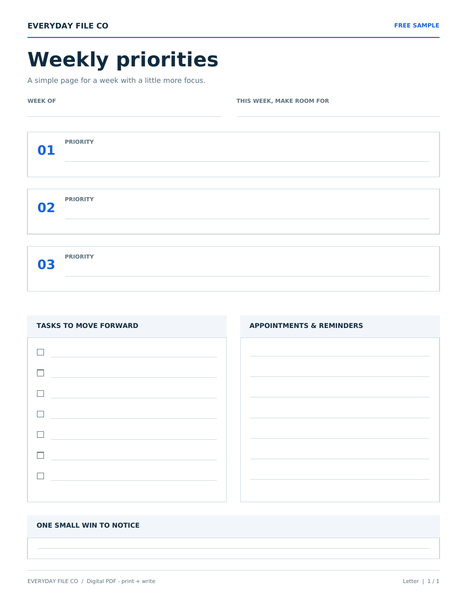 Free Weekly Priorities printable page